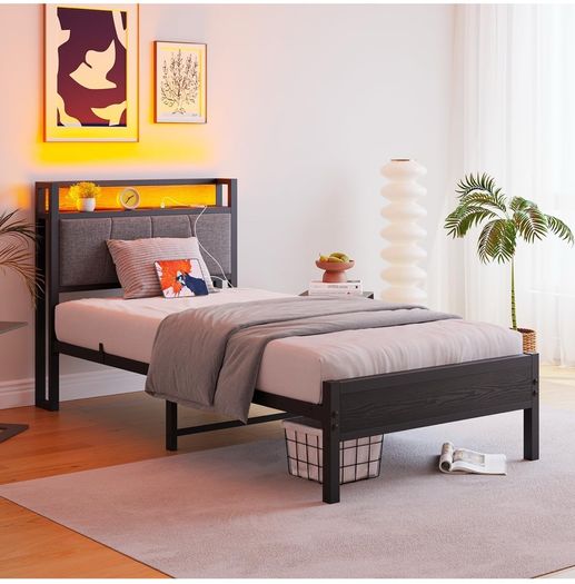 3ft Single Bed Frame with Storage Headboard,LED Lights,Metal Upholstered Platform Bed Frame with Charging