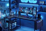 Shaped Gaming Desk, 100x70 cm Computer Corner Desk with Storage Bag, Office Desk Small Writing Table with Large Reversible Storage Shelves, Workstation for Study Play Work Home Office, Black