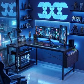 Shaped Gaming Desk, 100x70 cm Computer Corner Desk with Storage Bag, Office Desk Small Writing Table with Large Reversible Storage Shelves, Workstation for Study Play Work Home Office, Black