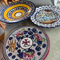 3 hanging wall plates -1- from Malta hand painted -2- from PORTGAL HAND PAINTED-3- FROM MAROCO - EACH IS 22.00 Euro.