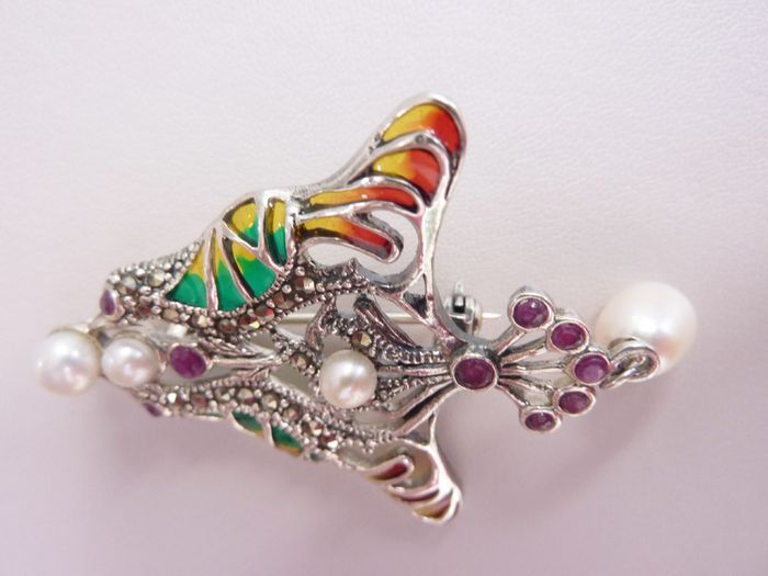 Sterling silver real ruby plique a jour enamel pendant