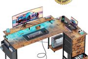 Corner Desk with 4 Drawers, L Shaped Computer Desk with LED Lights &amp; Power Outlets, 160x80cm Reversible Home Office Workstation with Monitor Stand, Writing Desk with PC Stand, Vintage