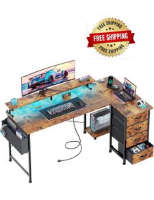 Corner Desk with 4 Drawers, L Shaped Computer Desk with LED Lights & Power Outlets, 160x80cm Reversible Home Office Workstation with Monitor Stand, Writing Desk with PC Stand, Vintage