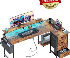 Corner Desk with 4 Drawers, L Shaped Computer Desk with LED Lights & Power Outlets, 160x80cm Reversible Home Office Workstation with Monitor Stand, Writing Desk with PC Stand, Vintage