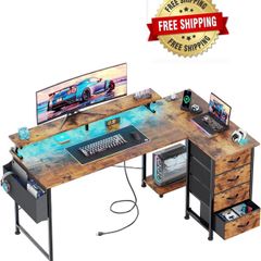 Corner Desk with 4 Drawers, L Shaped Computer Desk with LED Lights & Power Outlets, 160x80cm Reversible Home Office Workstation with Monitor Stand, Writing Desk with PC Stand, Vintage