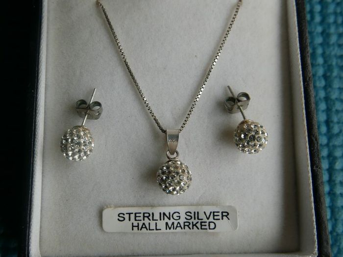 925 Sterling Silver Shamballa Style Crystal Disco Ball Earrings Pendant + Necklace Set