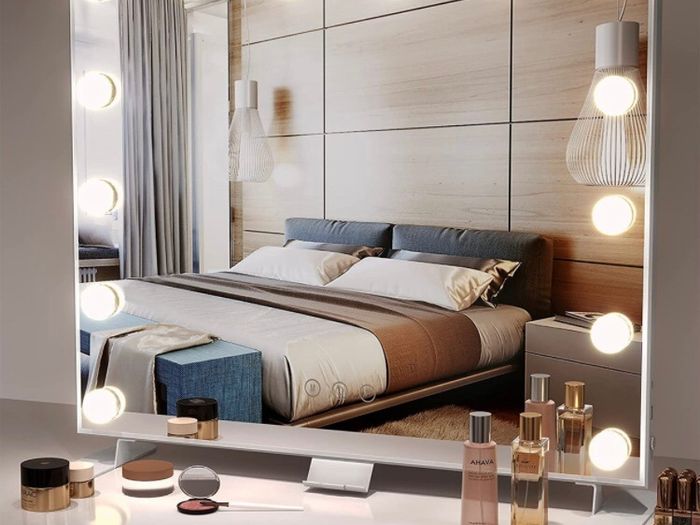 Hollywood Vanity Mirror with Lights, 60 x53cm Large Lighted Makeup Mirror with 14 Dimmable Bulbs, 3 Color Modes, Touch Screen Control, Adapter Plug, Desk Top or Wall Mounted Mirror For Bedroom
