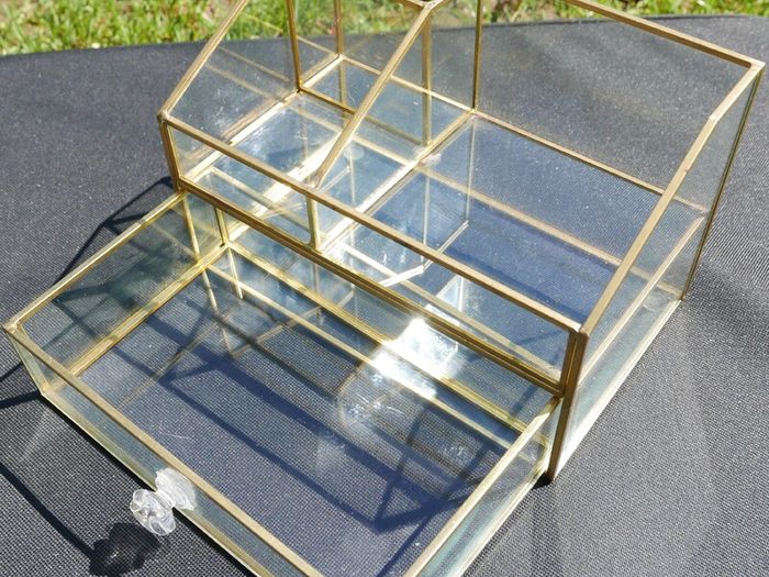 Vintage Gold clear glass large storage jewelers makeup box 7,2" x 4,4" H-3"