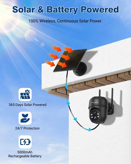Security Cameras Wireless Outdoor, 360 PTZ Battery Powered Outdoor Camera, 2.4G WiFi Camera with Spotlight Color Night Vision, Motion Sensor Alarm, IP66-Bla