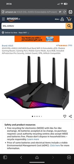 ASUS DSL-AX82U AX5400 Dual Band WiFi 6 Gaming Router DSL Modem Extendable