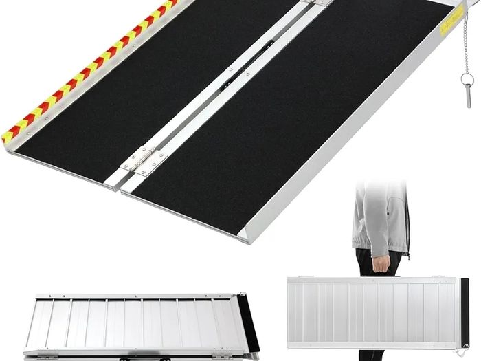Wheelchair Ramp,91.5cm Folding Portable Aluminum Ramp, 362kg Capacity,with Transition Plate and Reflective Warning Stickers, for Wheelchair Scooters Power Chairs Walkers Metallic