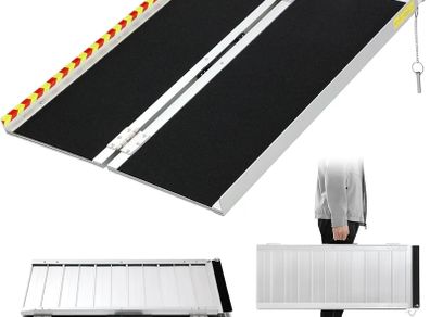 Wheelchair Ramp,91.5cm Folding Portable Aluminum Ramp, 362kg Capacity,with Transition Plate and Reflective Warning Stickers, for Wheelchair Scooters Power Chairs Walkers Metallic