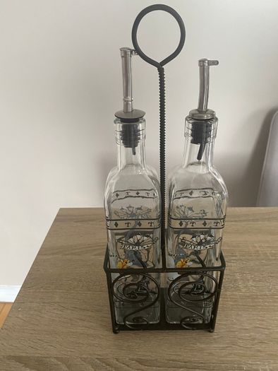 Reduced Set of tall oil and vinegar bottles in stand