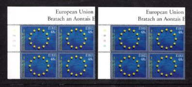 2006 Ireland 20th Anniversary of The European Union Flag Commemorative Stamp Plate Block 1A1A1A1A & 1B1B1B1B Mint Never Hinged (MNH)