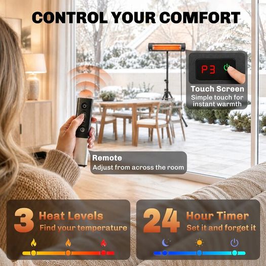 Electric Infrared Patio Heate IP65 2500 W with Tripod, 3 Heat Settings, 24H Timer