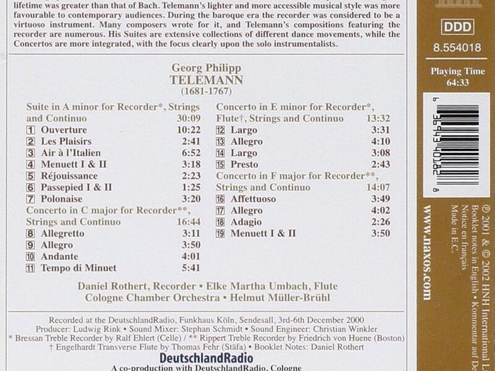 Telemann - Suite and Concertos for Recorder. CD. Free Postage!