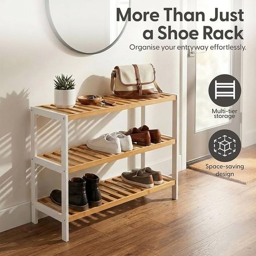 3 Tier Natural Bamboo Shoe Rack Easy Assembly & Strong Design Stand Shelf Organiser Ideal for Corridor,Bedroom,Bathroom,Hallway & Small Spaces Large Capacity Up to 9 Pairs of Shoes(55x70x25cm)