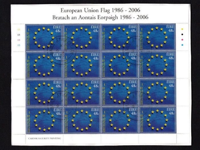 2006 Ireland 20th Anniversary of the European Union Flag Commemorative Stamp Plate 1B1B1B1B Fine CDS Used with Dublin cancel of 9th May 2006 (Frist day of issue)