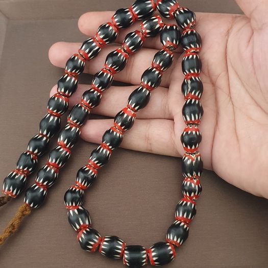 Antique Venetian Style Black Chevron Glass Beads Necklace Strand