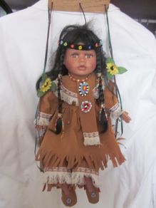 16"  Collectable Native American/Indian Girl on Swing Porcelain Doll (Dark  Brown)