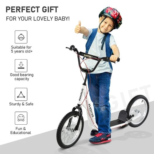 Kick Scooters for Kids with Adjustable Height, Anti-Slip Deck, Dual Brakes, Rubber Tyres, for Boys and Girls Aged 5+ Years Old - White