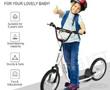 Kick Scooters for Kids with Adjustable Height, Anti-Slip Deck, Dual Brakes, Rubber Tyres, for Boys and Girls Aged 5+ Years Old - White