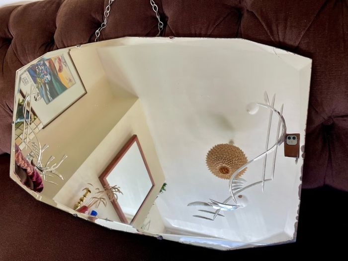 Large Vintage Mid Century Bevelled Mirror with Chain Reverse Etched Chinoiserie Detail