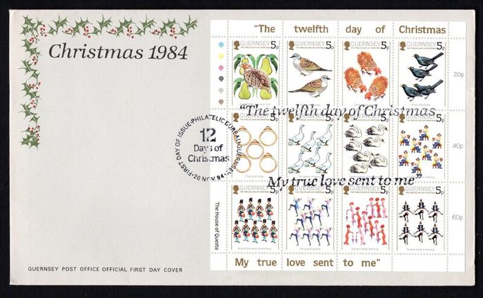 1984 Guernsey Christmas "The Twelve Days of Christmas" Sheet Commemorative Stamps Official First Day Cover (FDC)