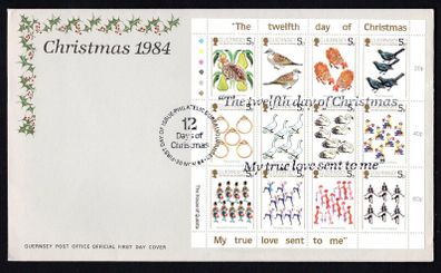 1984 Guernsey Christmas "The Twelve Days of Christmas" Sheet Commemorative Stamps Official First Day Cover (FDC)