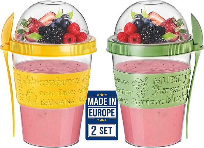 Reusable Yogurt Cups with Lid, 2 PCS 600ml 100% BPA Free Breakfast On the Go Cups with Topping Cereal Oatmeal, Dishwasher Safe, Yoghurt Pots Overnight Oats Lunch Box Green Yellow, Yogurt Pot