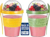 Reusable Yogurt Cups with Lid, 2 PCS 600ml 100% BPA Free Breakfast On the Go Cups with Topping Cereal Oatmeal, Dishwasher Safe, Yoghurt Pots Overnight Oats Lunch Box Green Yellow, Yogurt Pot