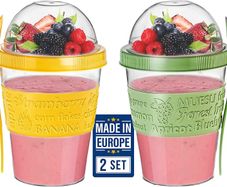 Reusable Yogurt Cups with Lid, 2 PCS 600ml 100% BPA Free Breakfast On the Go Cups with Topping Cereal Oatmeal, Dishwasher Safe, Yoghurt Pots Overnight Oats Lunch Box Green Yellow, Yogurt Pot