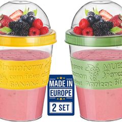 Reusable Yogurt Cups with Lid, 2 PCS 600ml 100% BPA Free Breakfast On the Go Cups with Topping Cereal Oatmeal, Dishwasher Safe, Yoghurt Pots Overnight Oats Lunch Box Green Yellow, Yogurt Pot