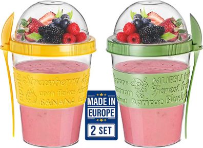 Reusable Yogurt Cups with Lid, 2 PCS 600ml 100% BPA Free Breakfast On the Go Cups with Topping Cereal Oatmeal, Dishwasher Safe, Yoghurt Pots Overnight Oats Lunch Box Green Yellow, Yogurt Pot