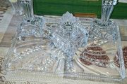 A Beautiful and Elegant Vintage 4 Piece Crystal Vanity Set, 2 candle sticks dish with lid and large tray., perfect for styling a Dressing Table, Boudoir, or Bathroom vanity. Ideal for Home or Stage Movie Props Postage Available or Collection