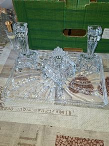A Beautiful and Elegant Vintage 4 Piece Crystal Vanity Set, 2 candle sticks dish with lid and large tray., perfect for styling a Dressing Table, Boudoir, or Bathroom vanity. Postage Available or Collection