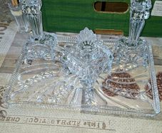 A Beautiful and Elegant Vintage 4 Piece Crystal Vanity Set, 2 candle sticks dish with lid and large tray., perfect for styling a Dressing Table, Boudoir, or Bathroom vanity. Postage Available or Collection