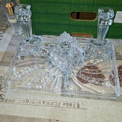 A Beautiful and Elegant Vintage 4 Piece Crystal Vanity Set, 2 candle sticks dish with lid and large tray., perfect for styling a Dressing Table, Boudoir, or Bathroom vanity. Postage Available or Collection