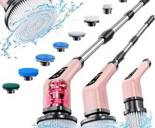 Electric Spin Scrubber, 360 Cordless Powerful Scrub Brush for Cleaning Bathroom, Kitchen, Shower Tub and Floor Tile with Adjustable Extension Long Handle and 8 Replaceable Rotating Brush Heads(Rose)