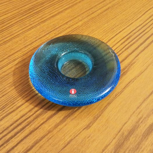 iittala light blue "button" Art Glass Candle Holder designed by Markku Salo  made in Finland 1980s