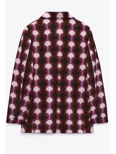 Amazing Zara Insta Famous Bloggers Limited Edition Pink Geo Print 3 Piece Suit, Blazer XL, Blouse XXL and Flare Trousers XL New with Tags