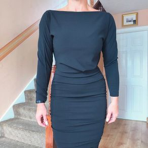 Black Boat Neck Dress With Ruched Detail, size 8