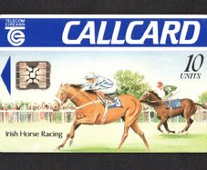 1991 Ireland 10 unit Irish Horse Racing Definitive Call Card with Schlumberger SC4 Chip, Dame Lane Address, Matt finish, White back, No Flag,  Barcode Used. Telecom Eireann card number 1033.