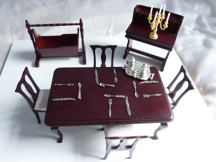 Vintage wood doll's house dining room furniture & tableware