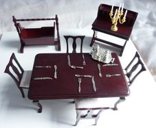 Vintage wood doll's house dining room furniture & tableware