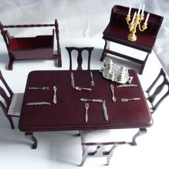 Vintage wood doll's house dining room furniture & tableware