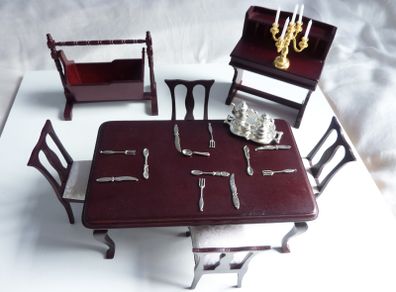 Vintage wood doll's house dining room furniture & tableware