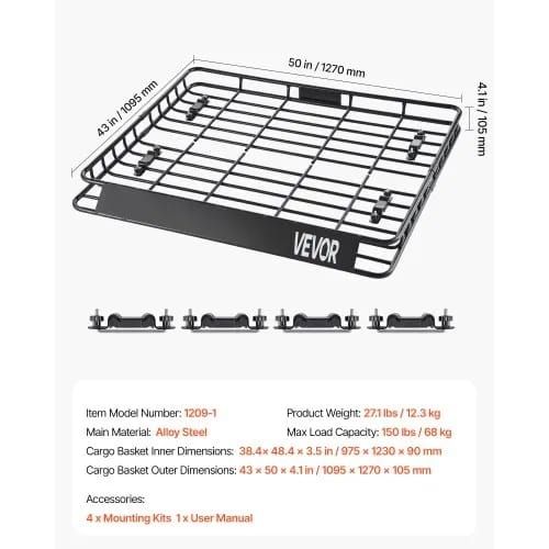 Roof Rack Cargo Carrier, 43 x 50 x 4.1 in, Universal Rooftop Cargo Basket, Car Top Luggage Holder with 150 lbs Max Load Capacity, 4.1 in Fence, Anti-Rust Alloy Steel, Wind Fairing, for SUV Car