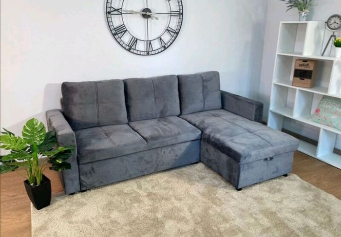 Grey velvet Corner Sofa Bed with Storage 215cm