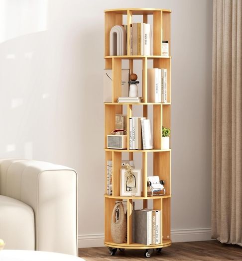 5-Tier Rotating Bookshelf Bookcase (Wooden) 360-Degree Spinning Shelf, White, Space-Saving Storage Organizer for Books,Toys, Crafts